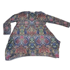 Soft Surroundings Tunic XL Blue Multicolor Tapestry Print Lagenlook Boho Long